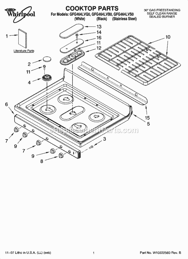 Whirlpool GFG464LVB0 Freestanding Gas Range Cooktop Parts Diagram