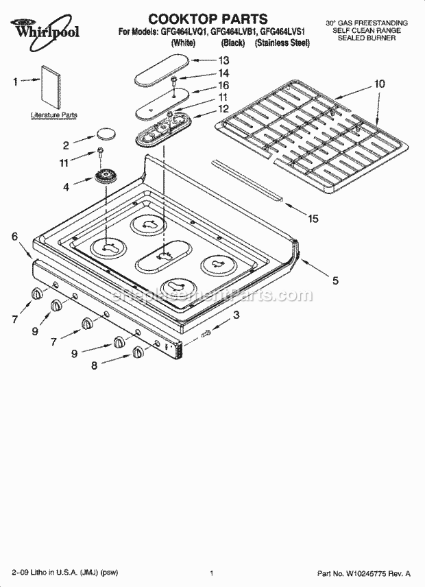 Whirlpool GFG464LVQ1 Freestanding Gas Range Cooktop Parts Diagram