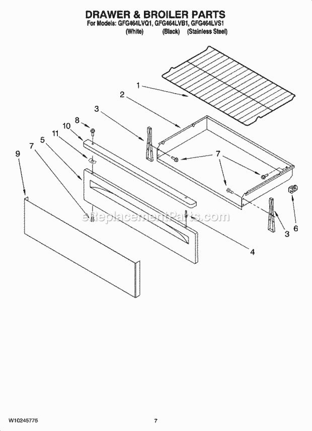 Whirlpool GFG464LVQ1 Freestanding Gas Range Drawer & Broiler Parts Diagram