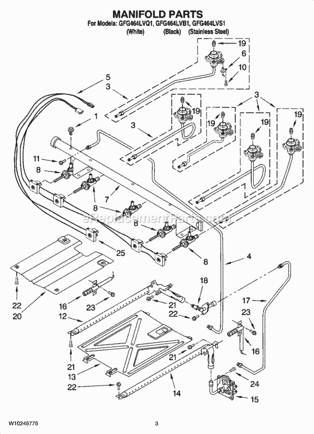 Whirlpool GFG464LVQ1 Freestanding Gas Range Manifold Parts Diagram