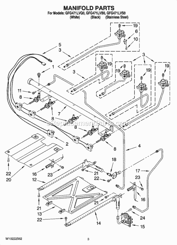 Whirlpool GFG471LVB0 Freestanding Gas Range Manifold Parts Diagram