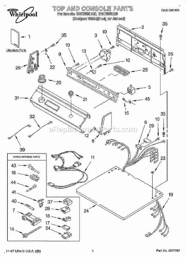 Whirlpool GGC9858EZ0 Residential Dryer Top and Console, Literature Diagram