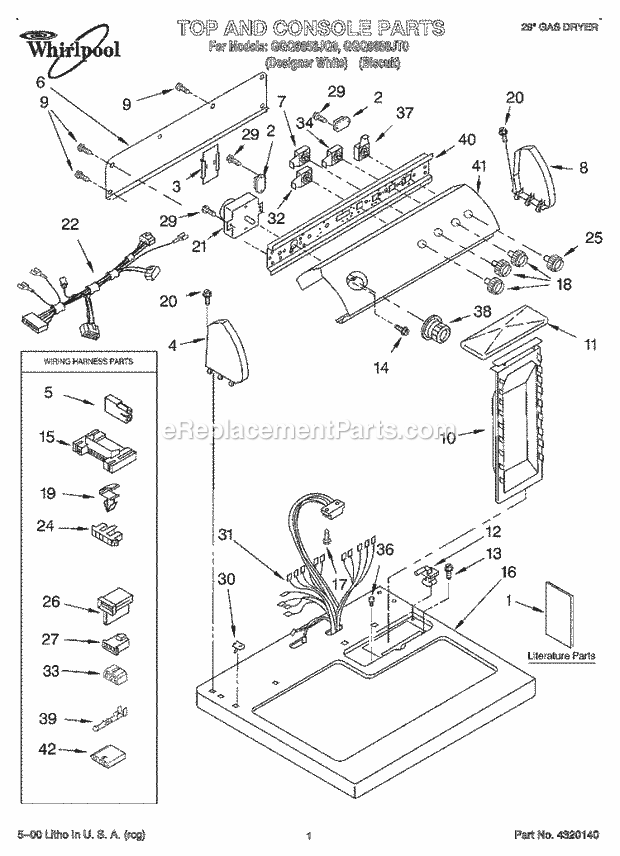 Whirlpool GGQ9858JQ0 Residential Dryer Top and Console, Lit/Optional Diagram