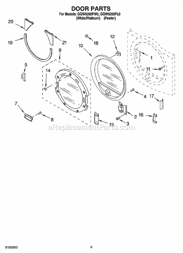 Whirlpool GGW9260PL0 Residential Dryer Door Parts Diagram