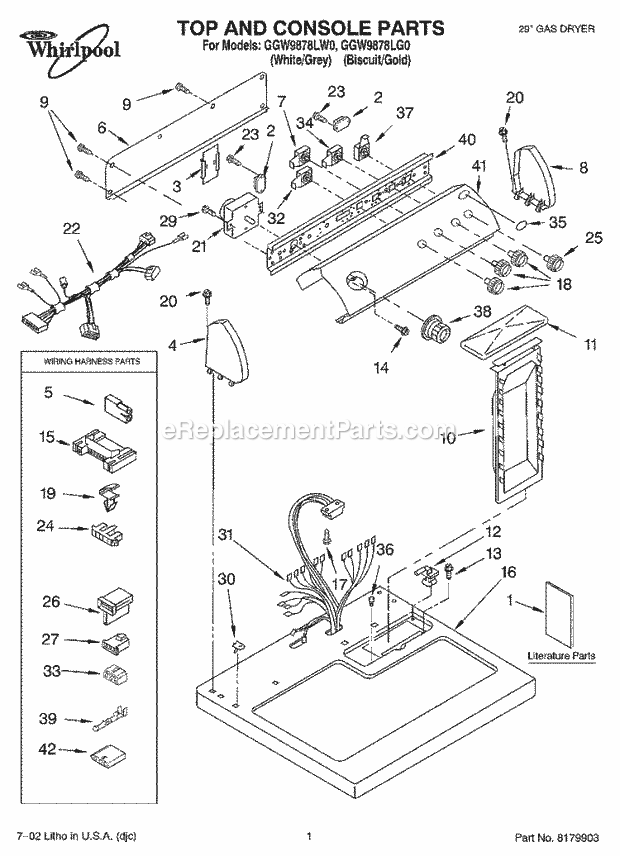 Whirlpool GGW9878LG0 Residential Dryer Top and Console, Literature Diagram