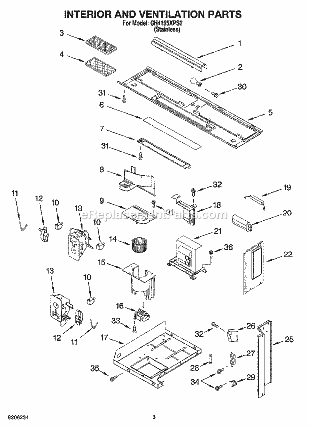 Whirlpool GH4155XPS2 Microwave/Range Hood Combo Interior and Ventilation Parts Diagram