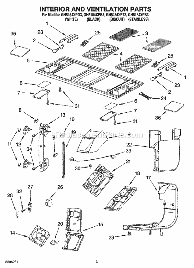 Whirlpool GH5184XPB3 Microwave/Range Hood Combo Interior and Ventilation Parts Diagram