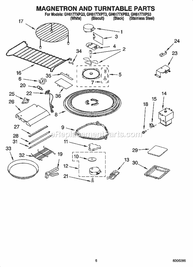 Whirlpool GH6177XPT3 Microwave/Range Hood Combo Magnetron and Turntable Parts Diagram