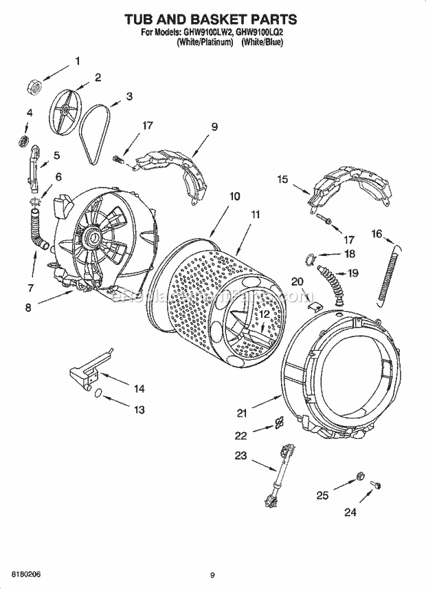 Whirlpool GHW9100LQ2 Residential Washer Tub and Basket Parts Diagram
