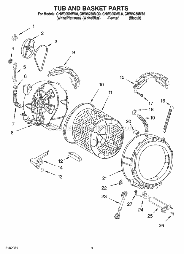 Whirlpool GHW9250MQ0 Residential Washer Tub and Basket Parts Diagram