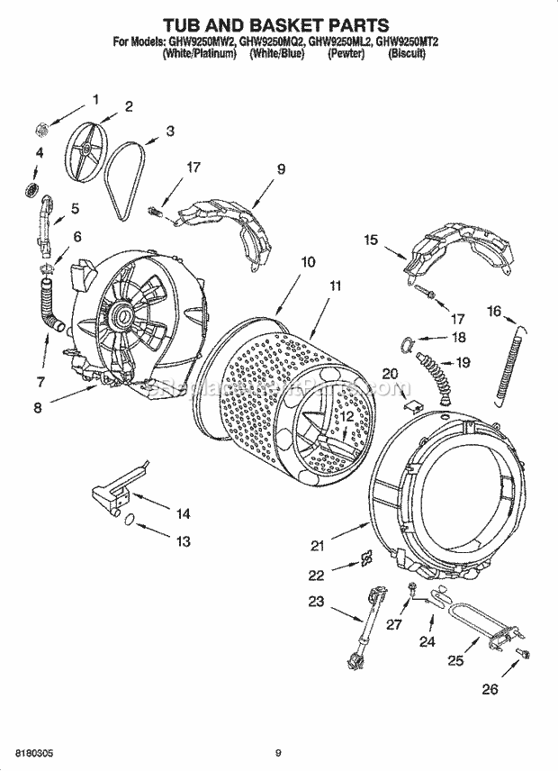 Whirlpool GHW9250MQ2 Residential Washer Tub and Basket Parts Diagram