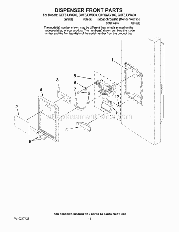 Whirlpool GI0FSAXVY00 Bottom Freezer Bottom-Mount Refrigerator Dispenser Front Parts Diagram