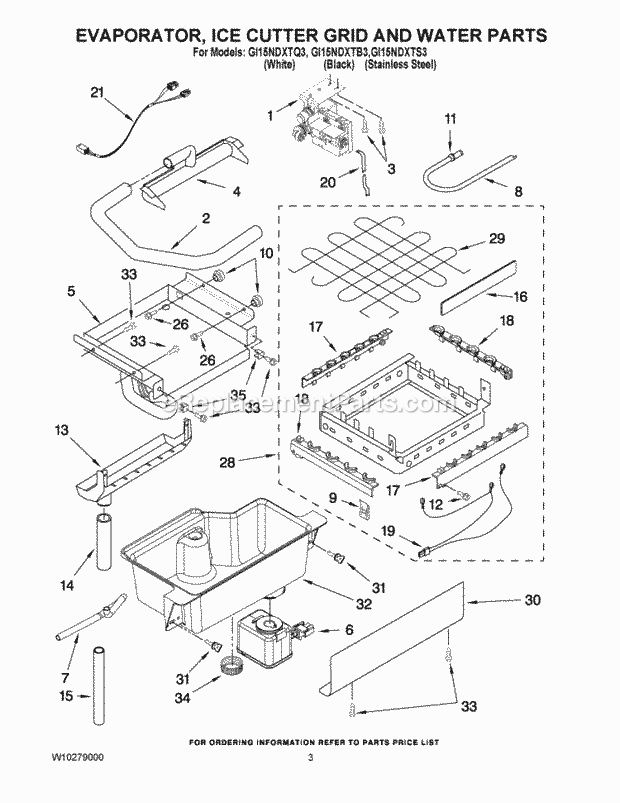 Whirlpool GI15NDXTQ3 Freestanding Ice Cube Maker Evaporator, Ice Cutter Grid and Water Parts Diagram