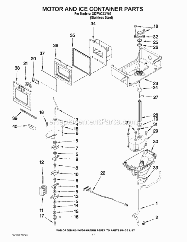 Whirlpool GI7FVCXXY03 Bottom Freezer Refrigerator Motor and Ice Container Parts Diagram