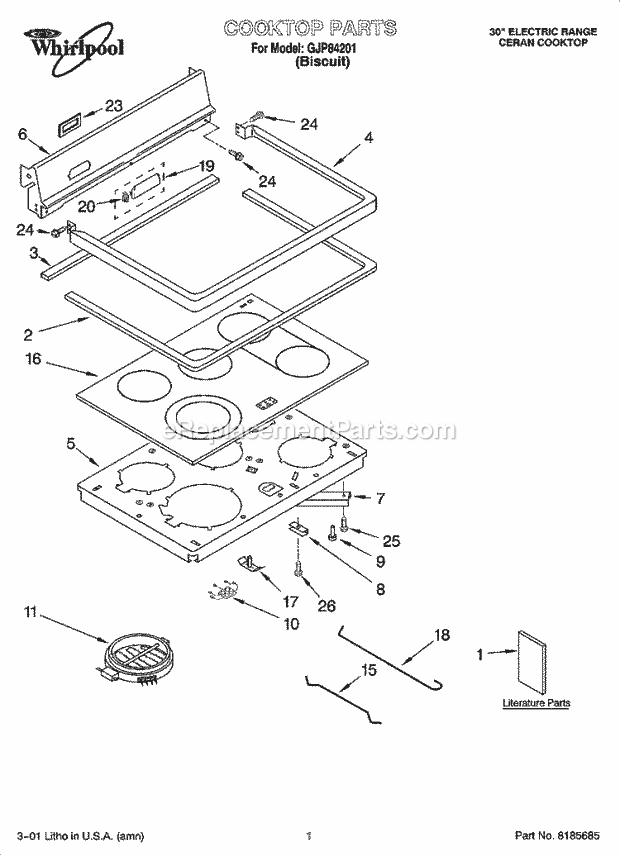 Whirlpool GJP84201 Freestanding Electric Cooktop Parts Diagram