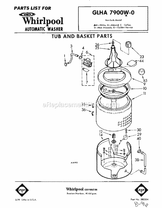 Whirlpool GLHA7900W0 Washer Tub and Basket, Literature Diagram