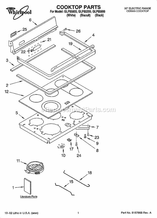 Whirlpool GLP85200 Freestanding Electric Range Cooktop Parts Diagram