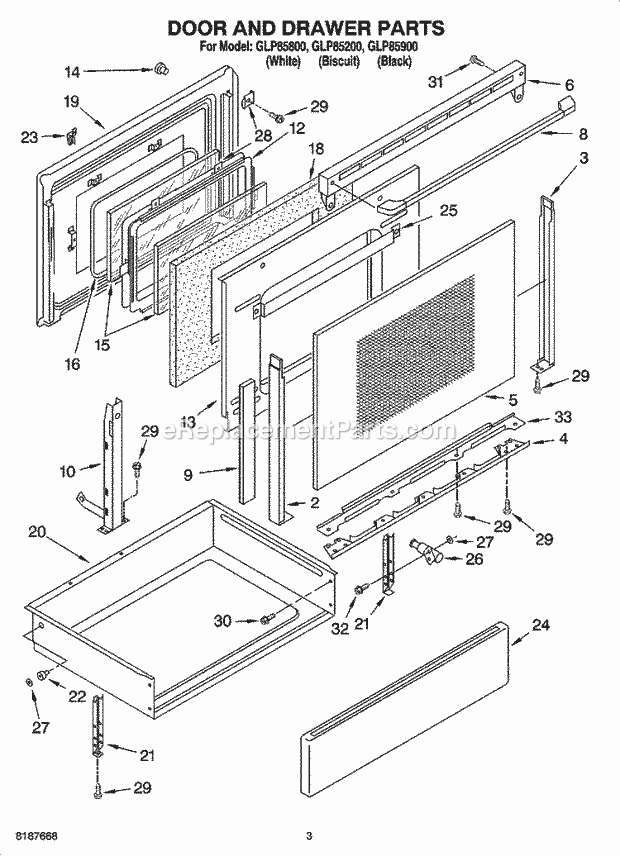 Whirlpool GLP85200 Freestanding Electric Range Door and Drawer Parts Diagram