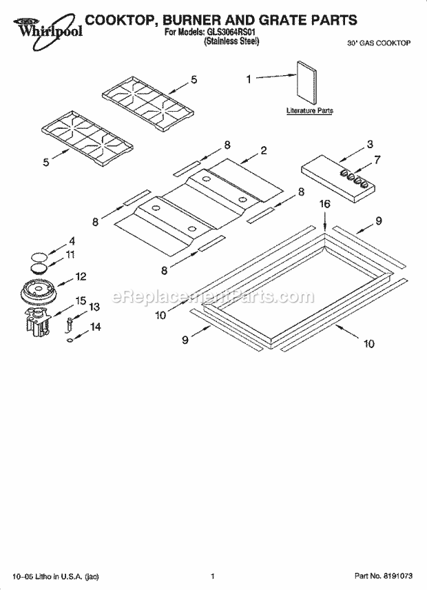 Whirlpool GLS3064RS01 Gas Counter Unit Cooktop, Burner and Grate Parts Diagram