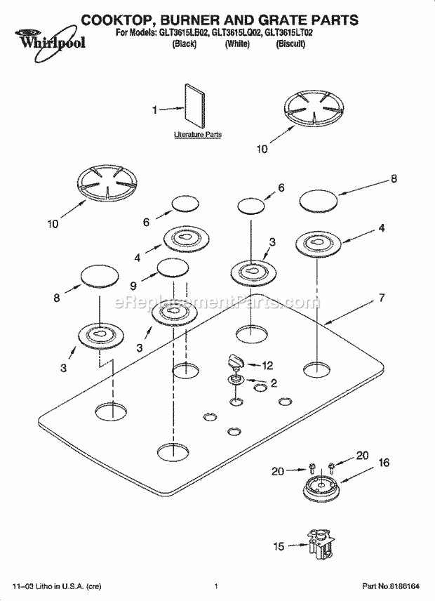 Whirlpool GLT3615LB02 Gas Counter Unit Cooktop, Burner and Grate Parts Diagram