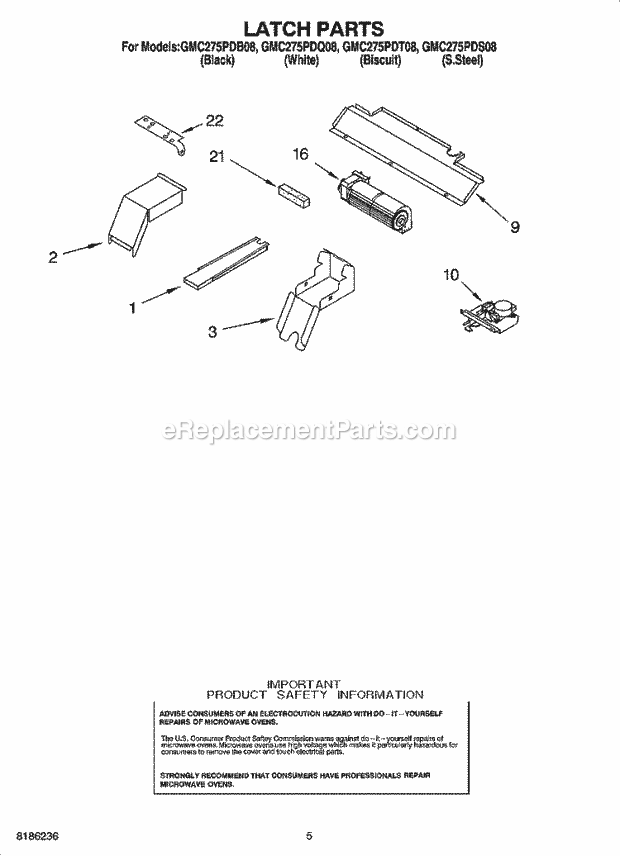 Whirlpool GMC275PDS08 Wall Oven/Microwave Combo Latch Parts Diagram