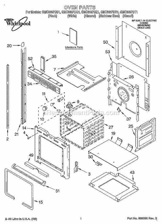 Whirlpool GMC305PDB1 Wall Oven/Microwave Combo Oven, Literature Diagram