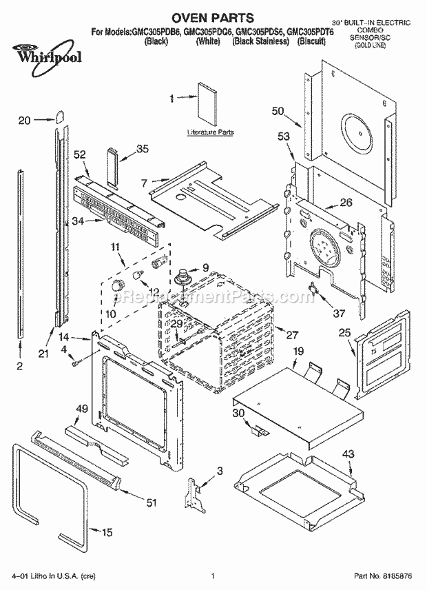 Whirlpool GMC305PDS6 Wall Oven/Microwave Combo Oven, Literature Diagram