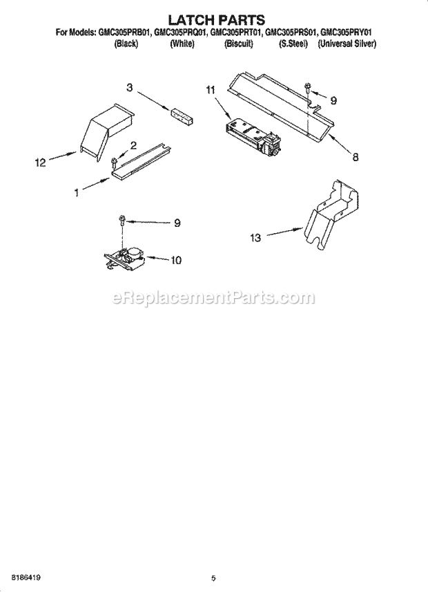 Whirlpool GMC305PRS01 Wall Oven/Microwave Combo Latch Parts Diagram