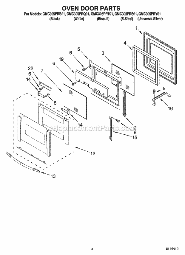 Whirlpool GMC305PRS01 Wall Oven/Microwave Combo Oven Door Parts Diagram