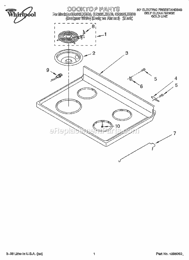 Whirlpool GR395LXGB0 Freestanding Electric Range Cooktop Diagram