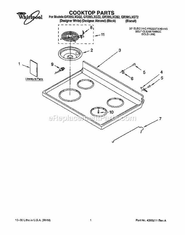 Whirlpool GR395LXGQ2 Freestanding Electric Range Cooktop, Literature Diagram