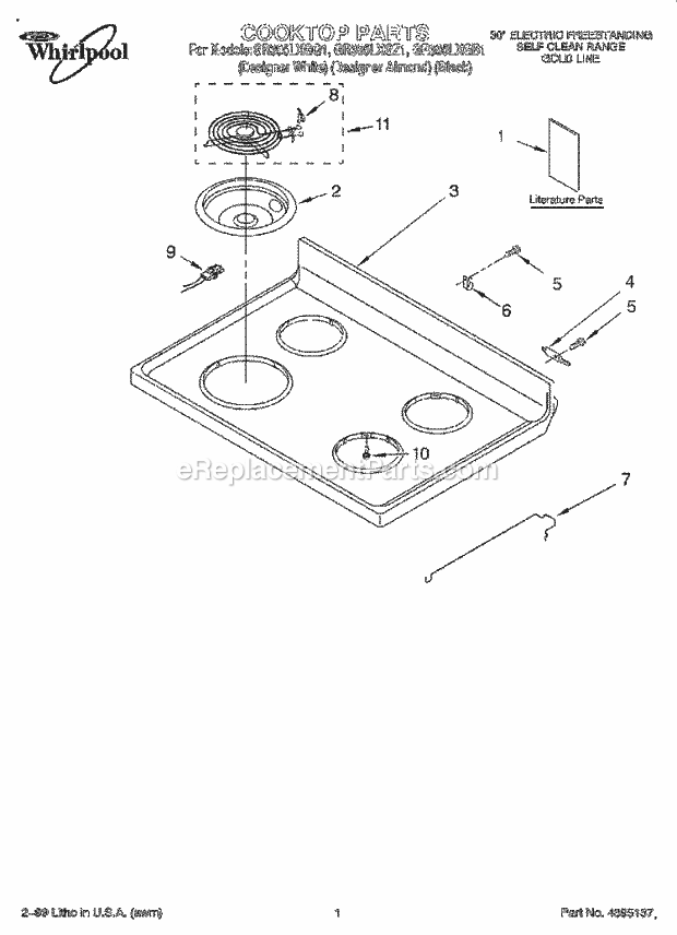 Whirlpool GR395LXGZ1 Freestanding Electric Range Cooktop, Literature Diagram