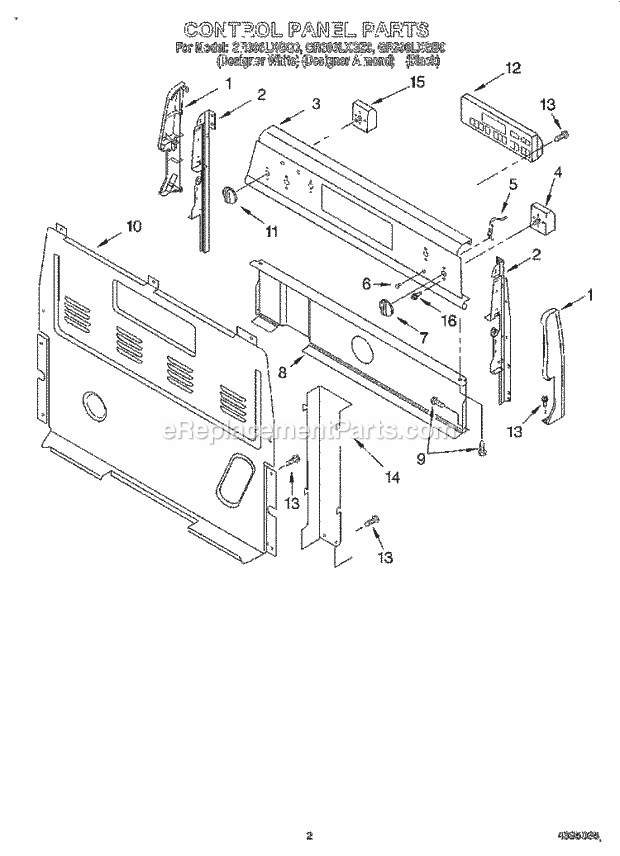 Whirlpool GR396LXGB0 Freestanding Electric Range Control Panel Diagram