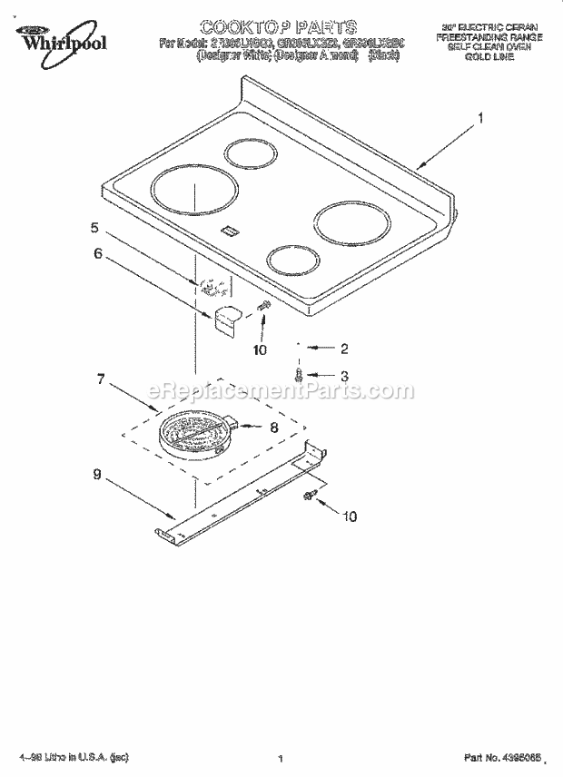 Whirlpool GR396LXGB0 Freestanding Electric Range Cooktop Diagram