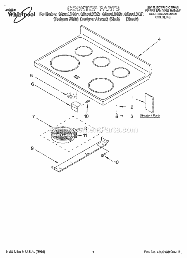 Whirlpool GR399LXGQ1 Freestanding Electric Range Cooktop, Literature Diagram