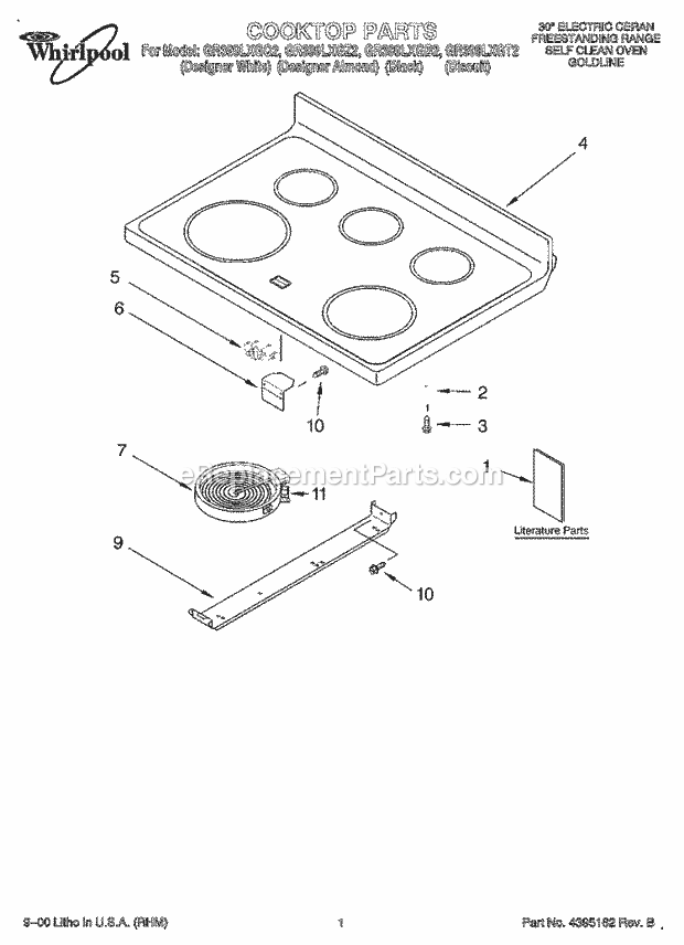 Whirlpool GR399LXGT2 Freestanding Electric Range Cooktop, Literature Diagram