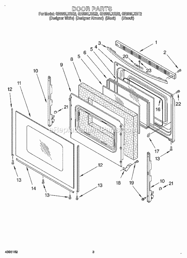 Whirlpool GR399LXGT2 Freestanding Electric Range Door Diagram