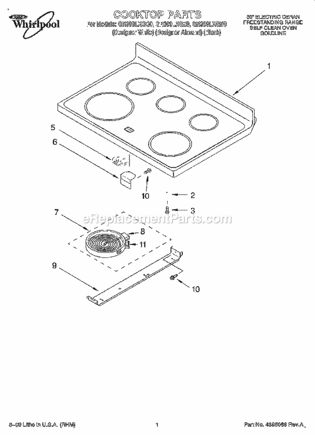 Whirlpool GR399LXGZ0 Freestanding Electric Range Cooktop Diagram