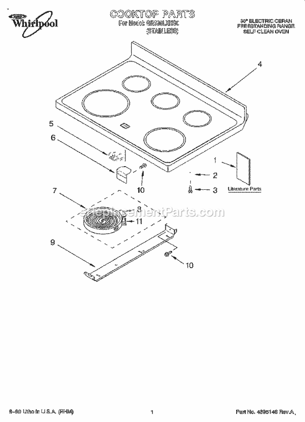 Whirlpool GR399LXHS0 Freestanding Electric Range Cooktop, Literature Diagram