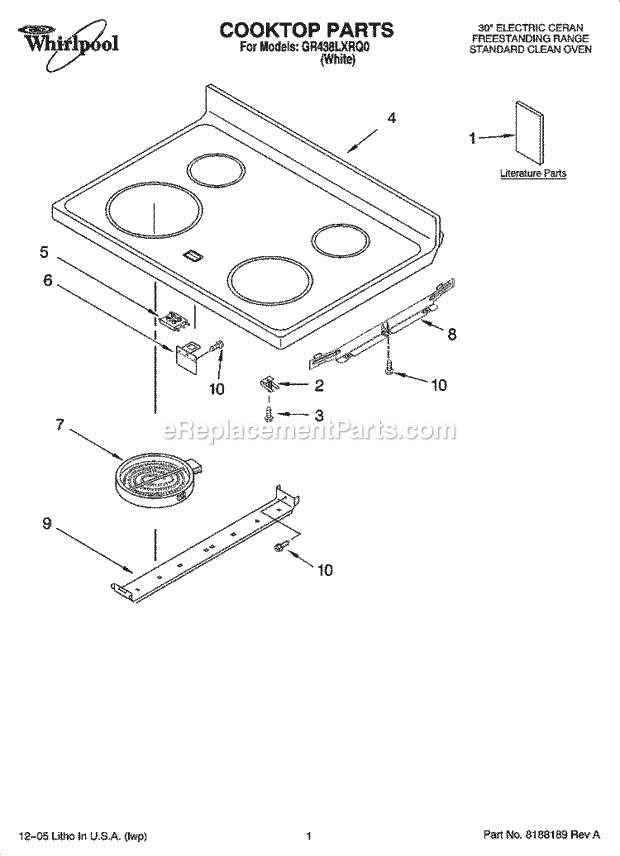 Whirlpool GR438LXRQ0 Freestanding Electric Cooktop Parts Diagram