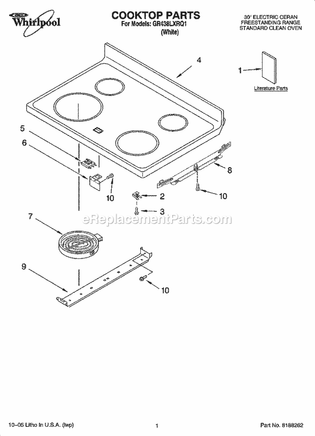 Whirlpool GR438LXRQ1 Freestanding Electric Cooktop Parts Diagram