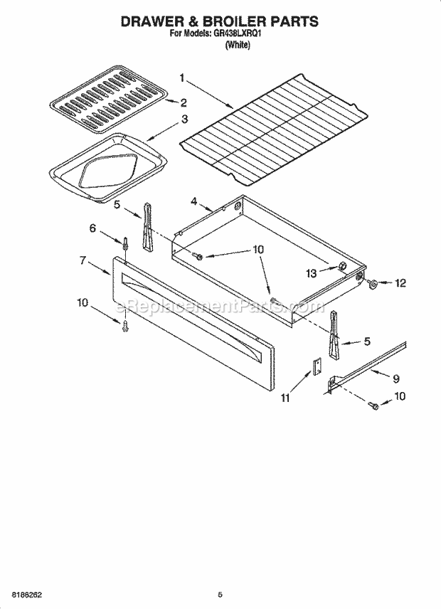 Whirlpool GR438LXRQ1 Freestanding Electric Drawer & Broiler Parts Diagram