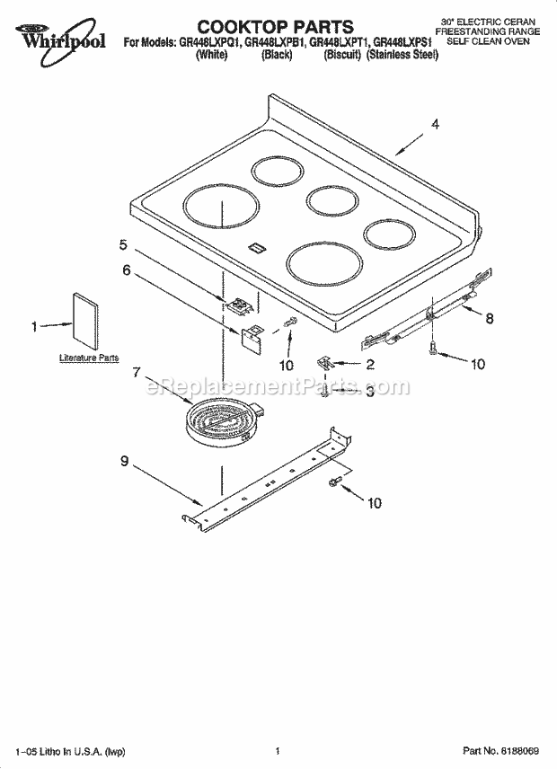 Whirlpool GR448LXPQ1 Freestanding Electric Cooktop Parts Diagram