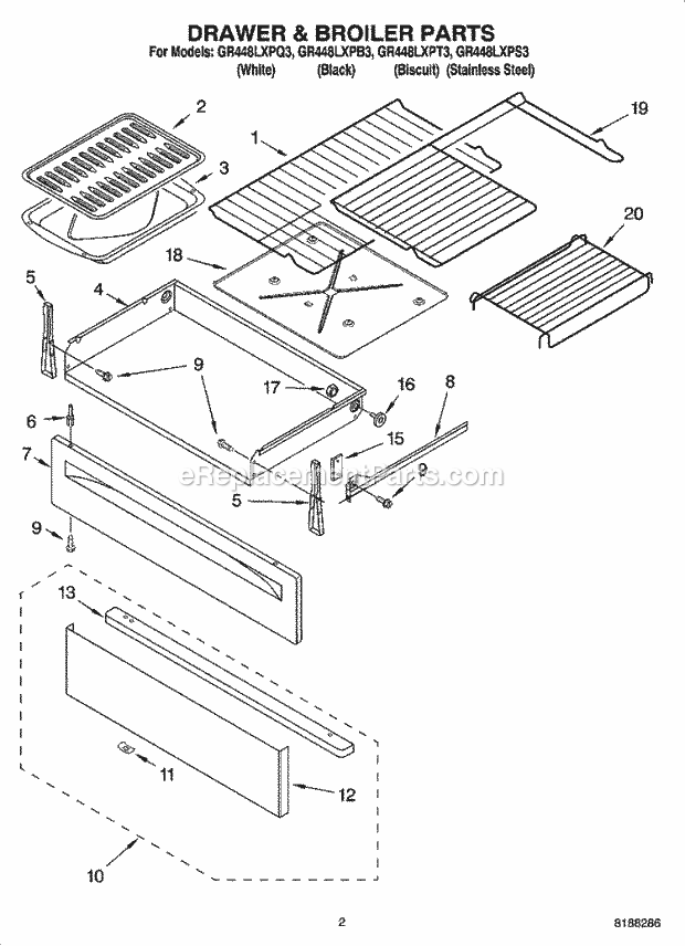 Whirlpool GR448LXPQ3 Freestanding Electric Drawer & Broiler Parts Diagram