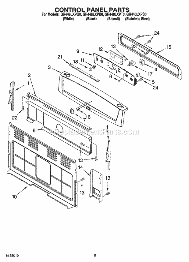 Whirlpool GR448LXPS0 Freestanding Electric Control Panel Parts Diagram