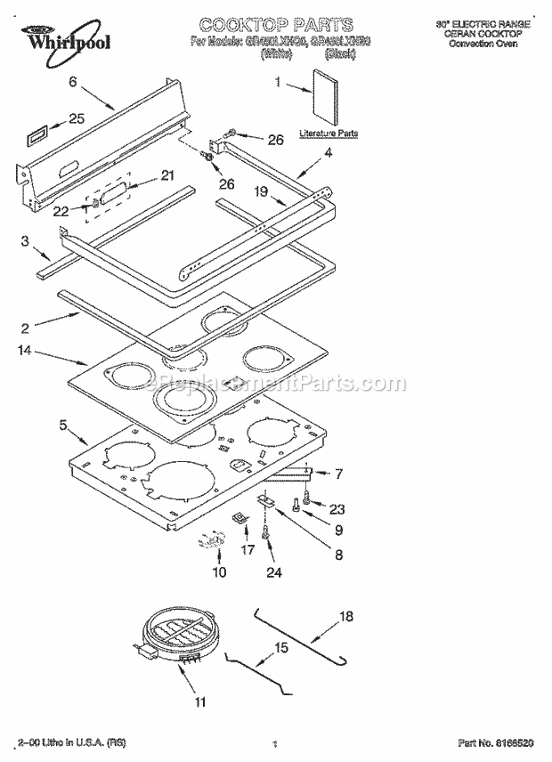 Whirlpool GR450LXHQ0 Freestanding Electric Range Cooktop, Literature Diagram