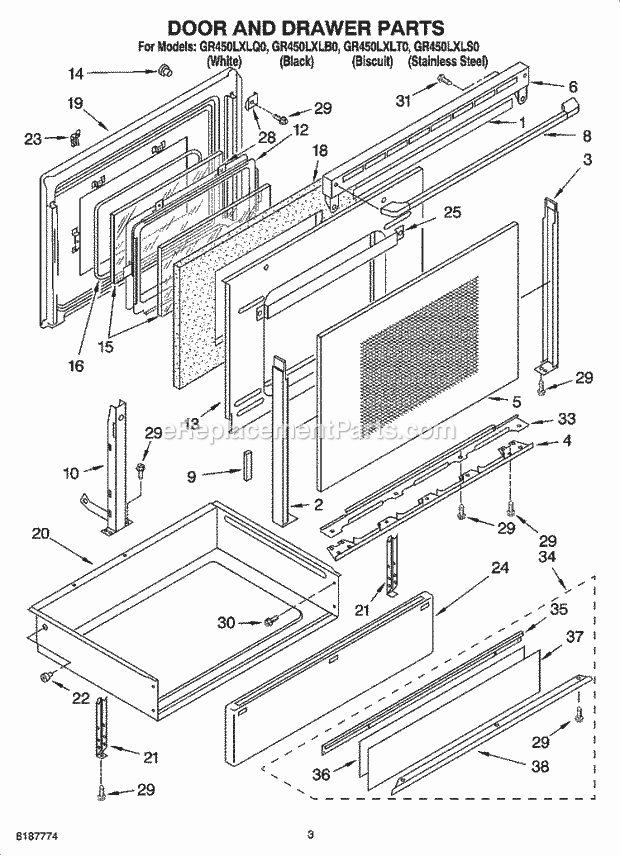 Whirlpool GR450LXLB0 Freestanding Electric Door and Drawer Parts Diagram