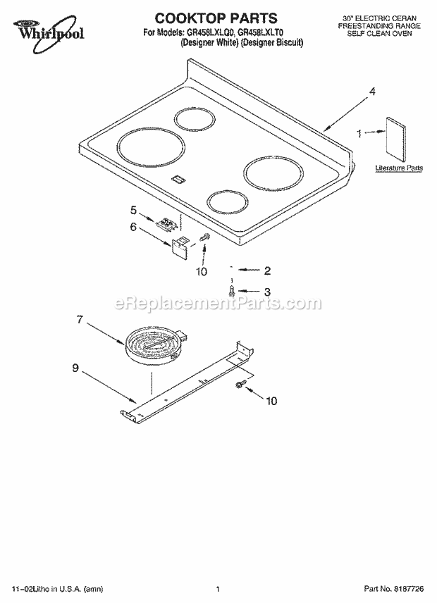 Whirlpool GR458LXLQ0 Freestanding Electric Range Cooktop, Literature Diagram