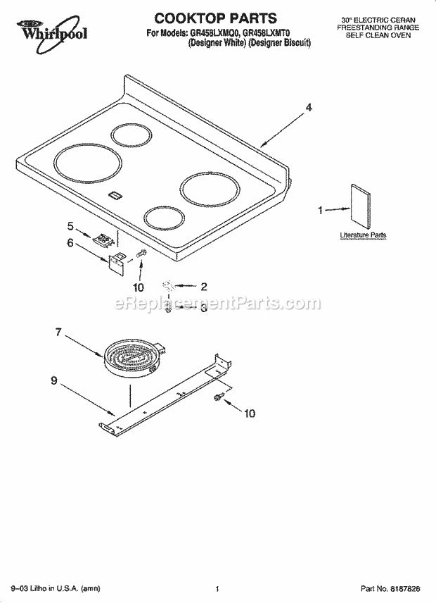 Whirlpool GR458LXMT0 Freestanding Electric Cooktop Parts Diagram