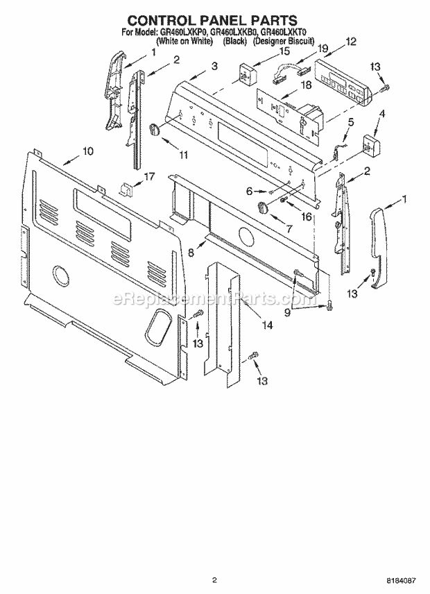 Whirlpool GR460LXKB0 Freestanding Electric Range Control Panel Diagram